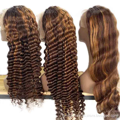 Wholesale brazilian body wave piano wig hd transparent lace front virgin human hair wigs honey blonde highlight lace front wig